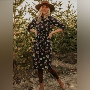 Roolee Red and navy Floral Mock Neck dress
